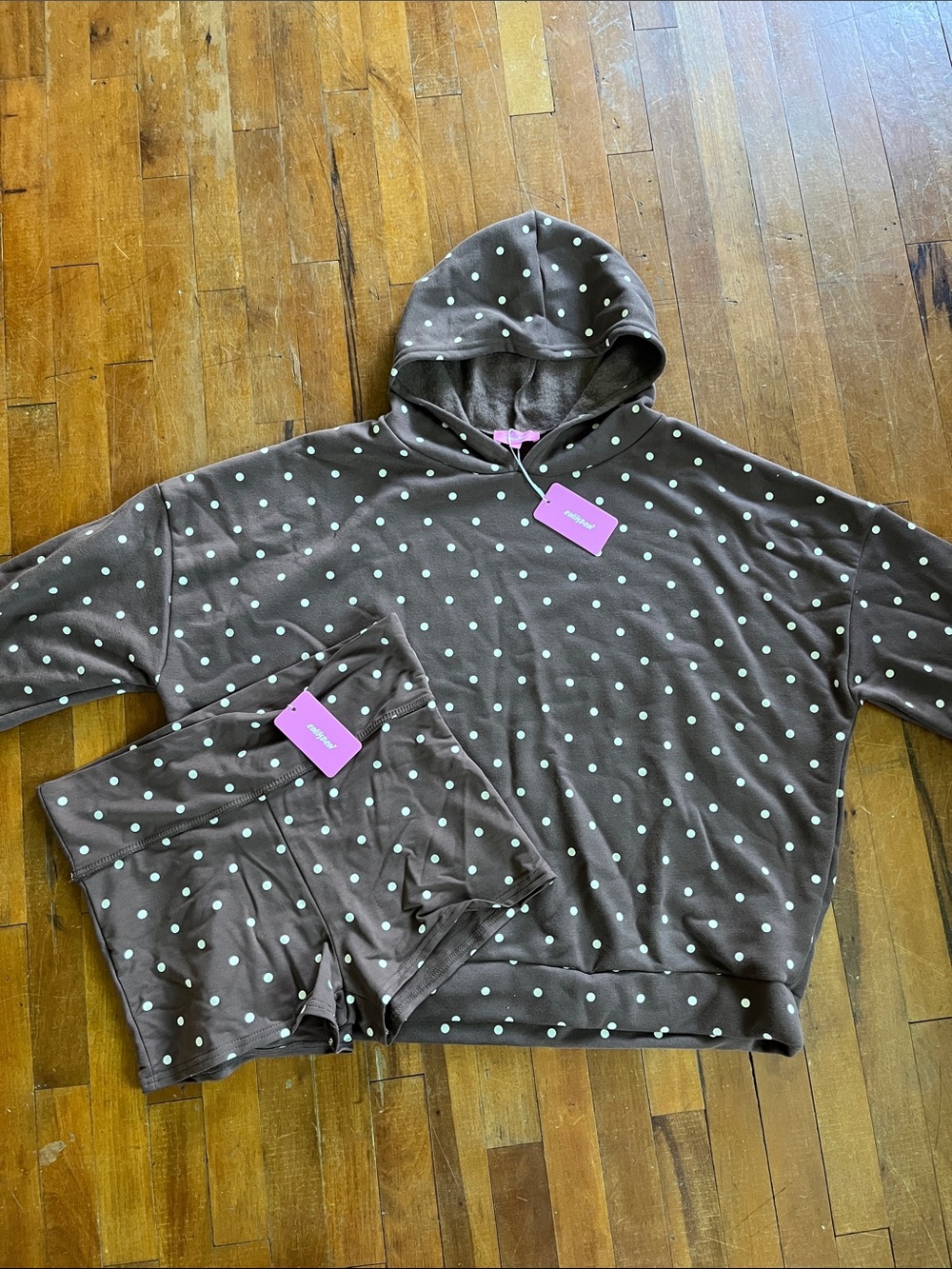 Edikted Brown Hoodie & Shorts Set with white Polka Dots